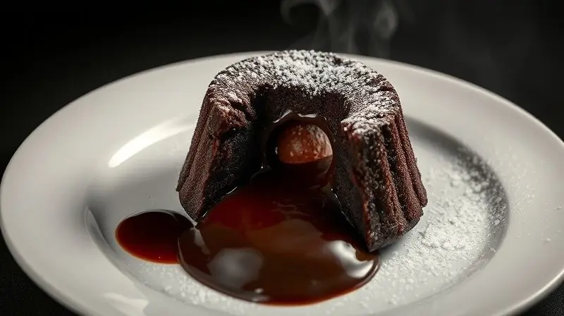 Um petit gâteau de chocolate em um prato, com o recheio cremoso escorrendo, ilustrando o uso de bombons de caixa em sobremesas.