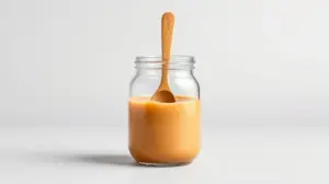 Fotografia profissional de um pote de vidro com o melhor doce de leite cremoso, destacando sua textura aveludada e cor de caramelo.