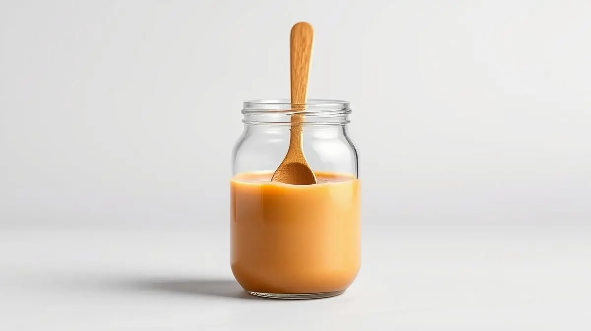 Fotografia profissional de um pote de vidro com o melhor doce de leite cremoso, destacando sua textura aveludada e cor de caramelo.