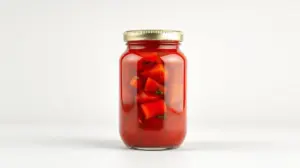 Fotografia profissional de um pote de vidro com molho de tomate premium, representando a seleção dos melhores molhos de tomate para comprar.
