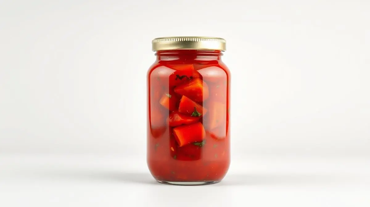 Fotografia profissional de um pote de vidro com molho de tomate premium, representando a seleção dos melhores molhos de tomate para comprar.