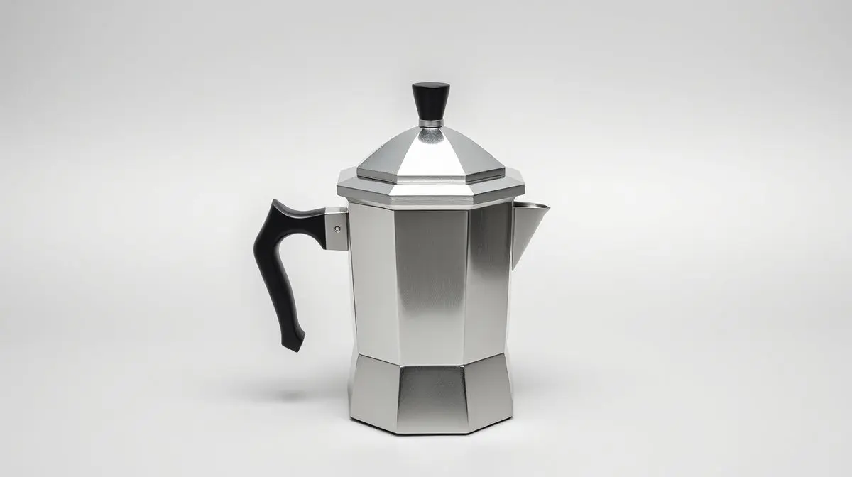 Fotografia profissional de uma cafeteira italiana clássica, representando as melhores opções de cafeteiras Moka do mercado.