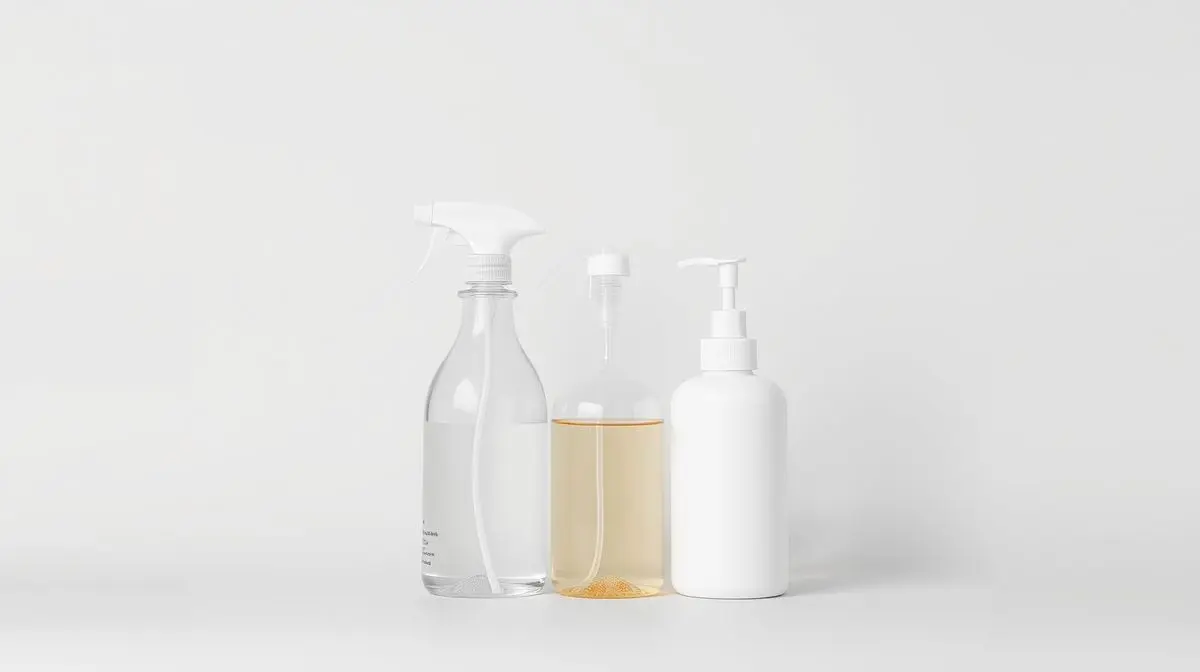 Fotografia profissional de um conjunto de produtos para a limpeza pesada do banheiro, representando os melhores itens para uma faxina completa.