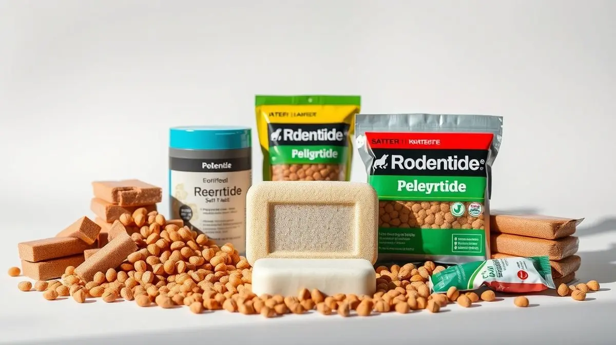 Fotografia profissional de vários tipos de raticidas, incluindo iscas granuladas e em bloco, representando os melhores venenos para ratos do mercado.
