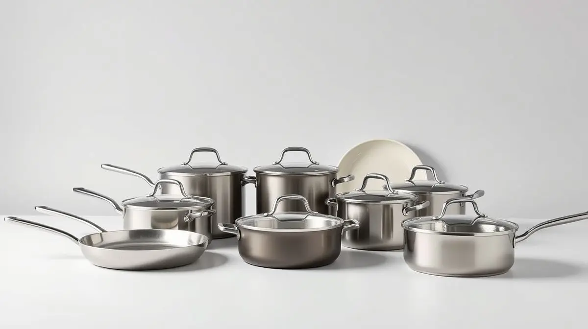 Um moderno e elegante jogo de panelas em aço inox, representando os melhores jogos de panelas disponíveis para comprar.