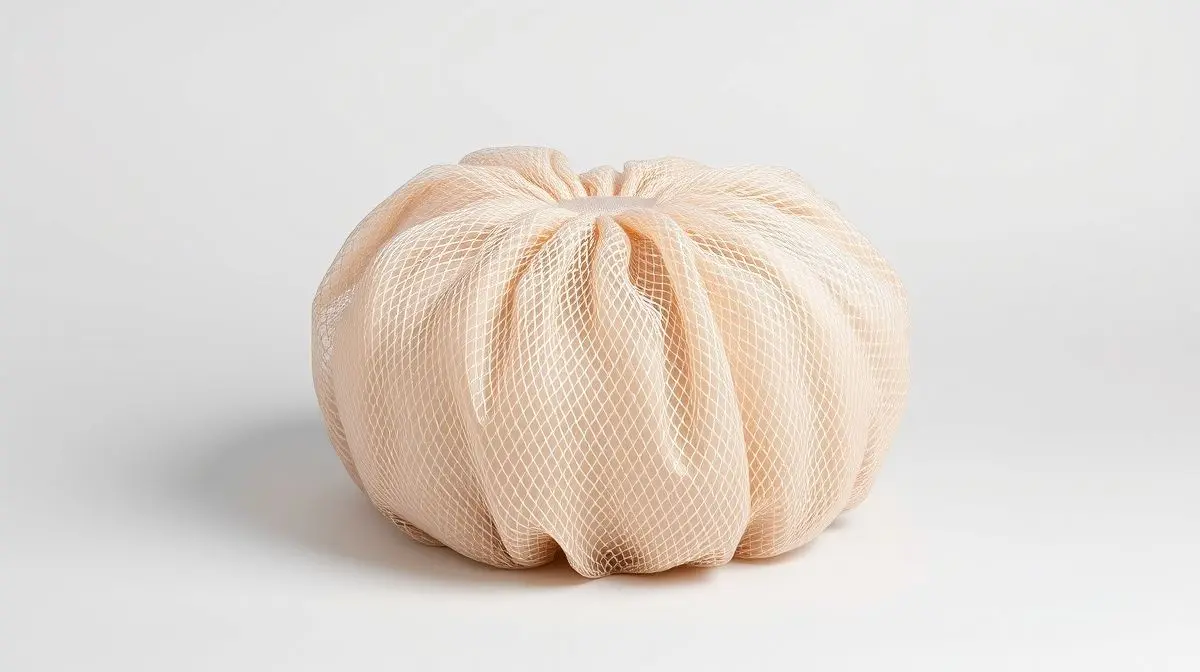 Fotografia profissional de uma esponja de banho de nylon, ilustrando as melhores esponjas para uma pele bem cuidada e um banho revigorante.