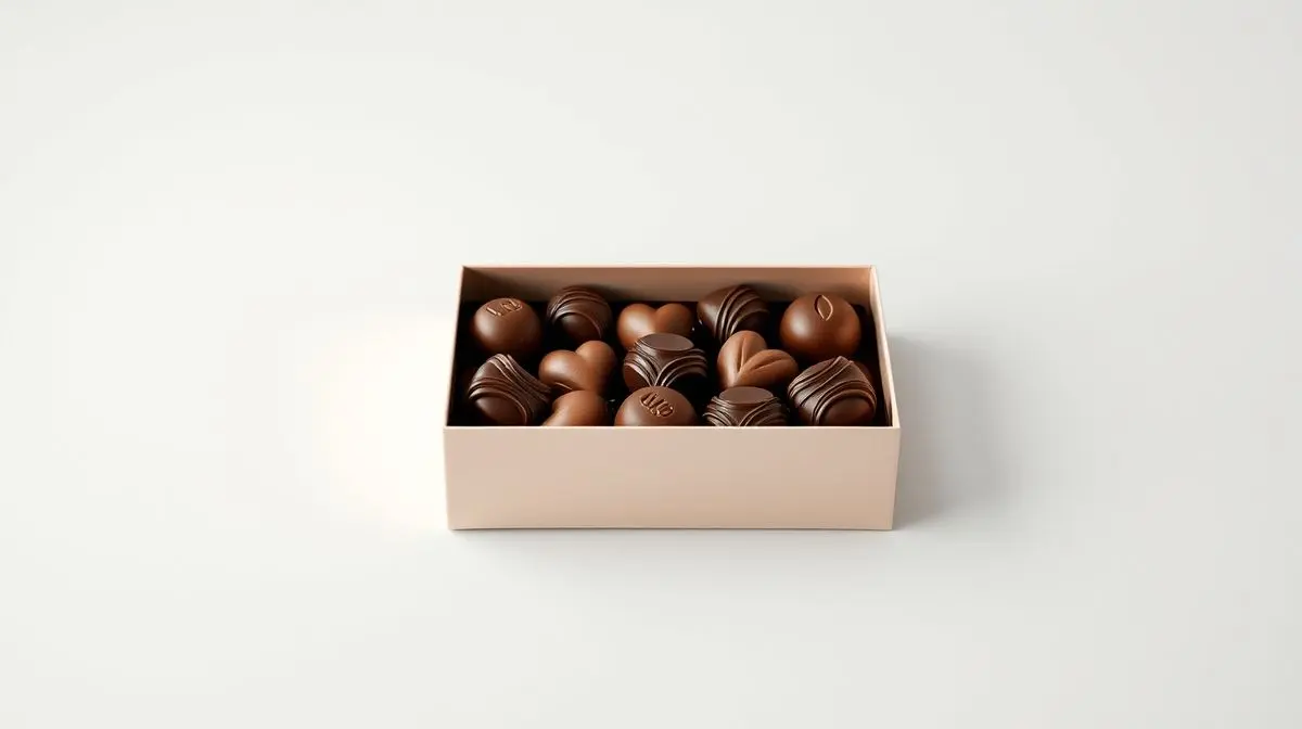 Fotografia profissional de uma caixa de bombons sortidos elegante, representando as melhores caixas de bombom para comprar ou presentear.