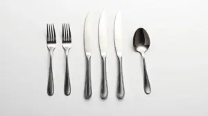 Fotografia profissional de um faqueiro moderno de aço inox, representando os melhores faqueiros do mercado para uma mesa elegante.