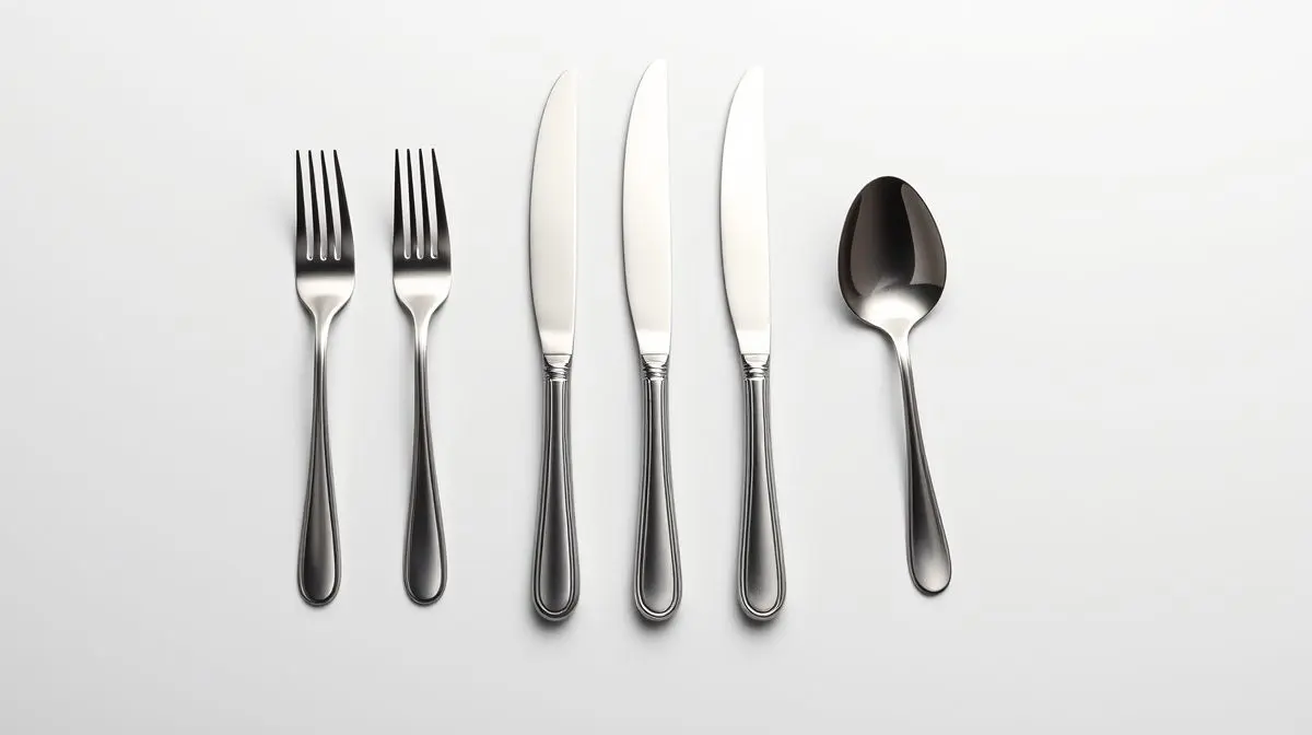 Fotografia profissional de um faqueiro moderno de aço inox, representando os melhores faqueiros do mercado para uma mesa elegante.