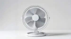 Fotografia profissional de um ventilador de mesa moderno e potente, representando os melhores modelos para refrescar o ambiente.