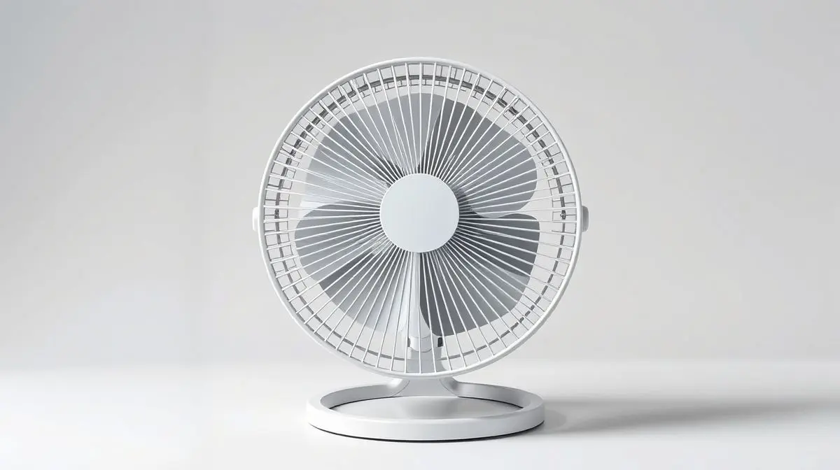 Fotografia profissional de um ventilador de mesa moderno e potente, representando os melhores modelos para refrescar o ambiente.