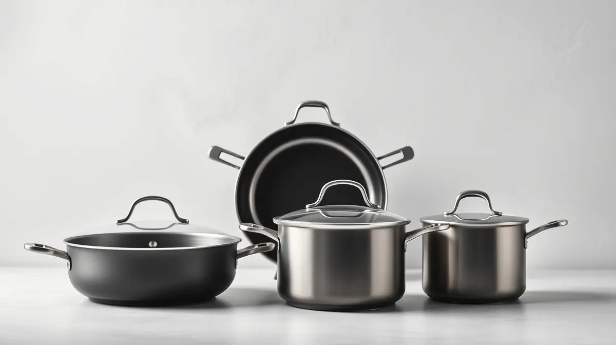 Fotografia profissional de um elegante jogo de panelas antiaderentes, representando os melhores modelos do mercado para a sua cozinha.