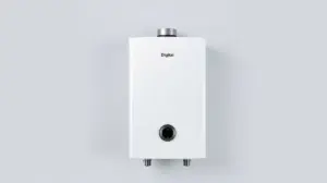 Fotografia profissional de um aquecedor a gás digital e moderno, representando os melhores modelos do mercado.