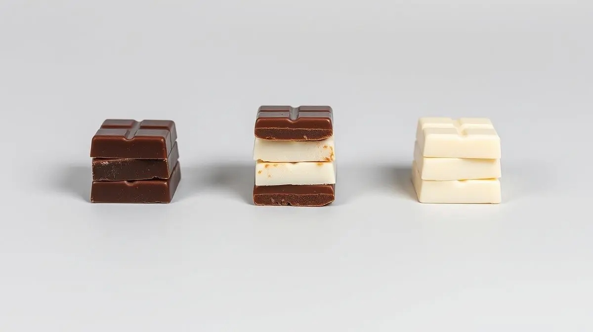 Fotografia profissional de uma pilha de chocolates amargo, ao leite e branco, representando as melhores marcas de chocolate do mercado.