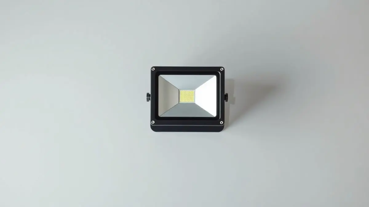 Fotografia profissional de um refletor LED moderno e potente, representando os melhores modelos do mercado para iluminação de áreas externas.