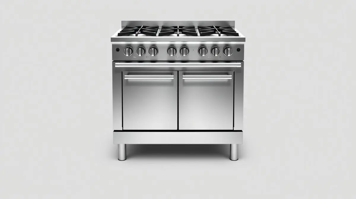 Fotografia profissional de um fogão industrial robusto em aço inox, representando os melhores modelos para cozinhas profissionais.