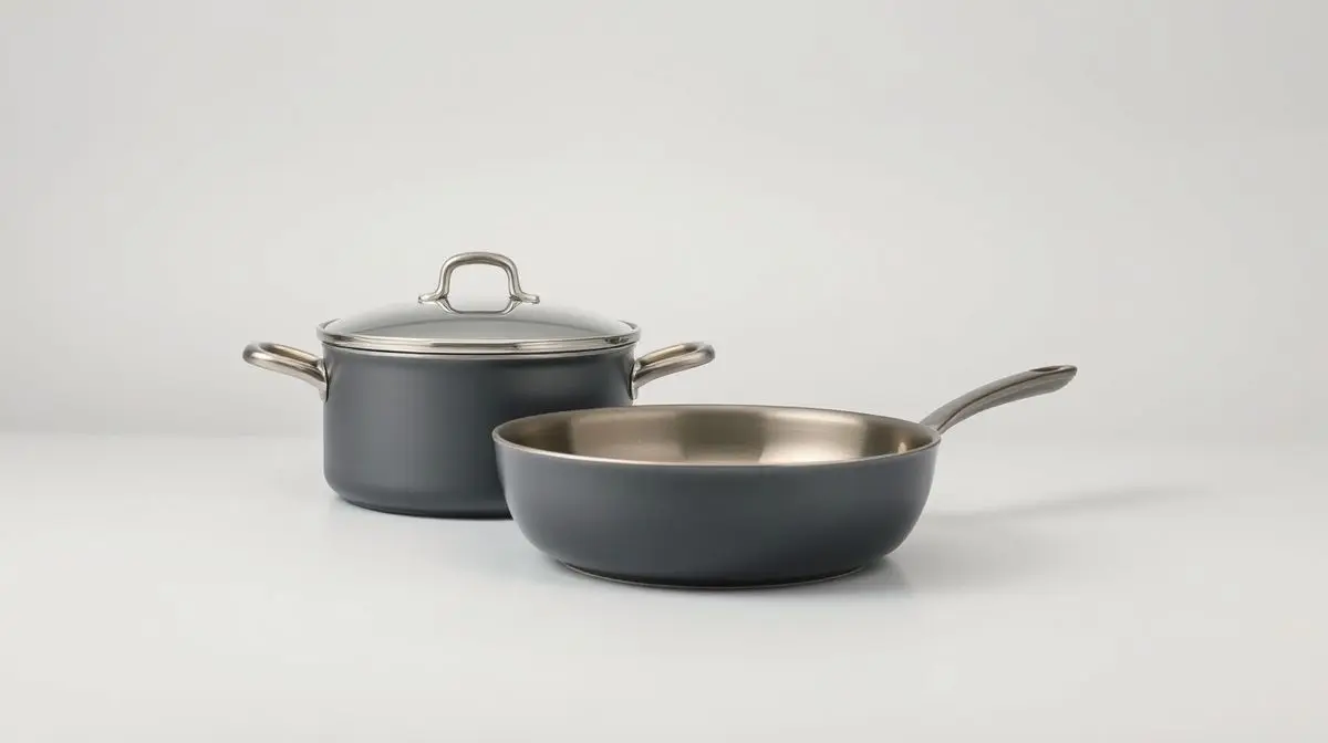 Fotografia profissional de um conjunto de panelas de cerâmica elegantes, representando os melhores modelos para uma cozinha moderna e saudável.