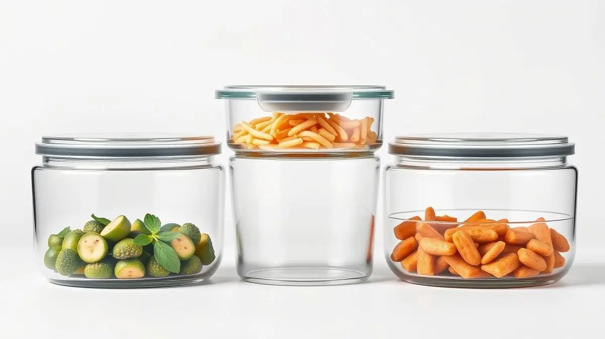Fotografia profissional de um conjunto de potes herméticos de vidro, representando os melhores modelos para manter os alimentos frescos na cozinha.