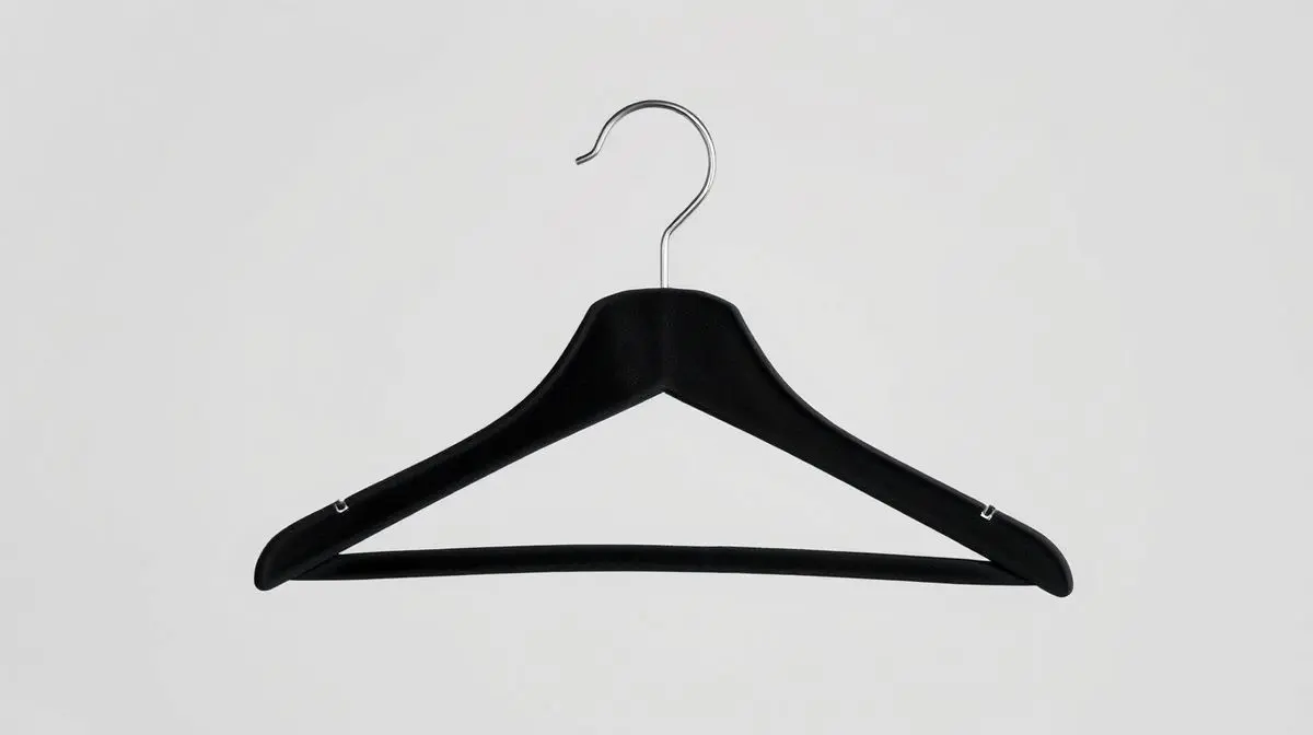 Fotografia profissional de um cabide de veludo preto, representando os melhores cabides para organizar o guarda-roupa de forma eficiente.
