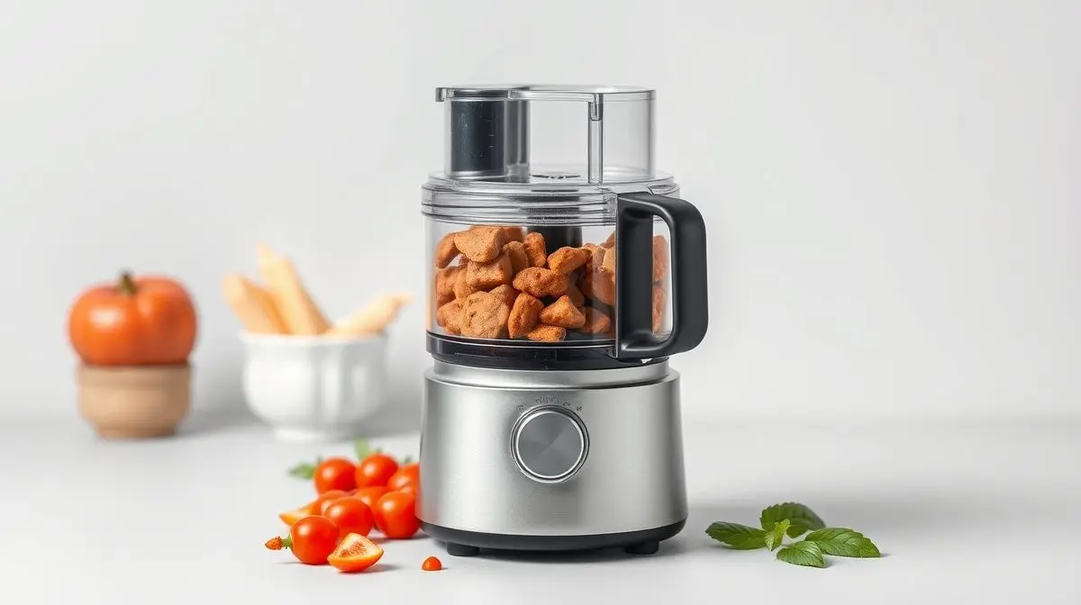 Fotografia profissional de um mini processador de alimentos moderno, representando os melhores modelos para cozinhas práticas e otimizadas.