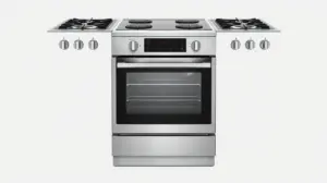 Fotografia profissional de um moderno fogão de embutir de 5 bocas, ilustrando os melhores modelos do mercado para cozinhas planejadas.