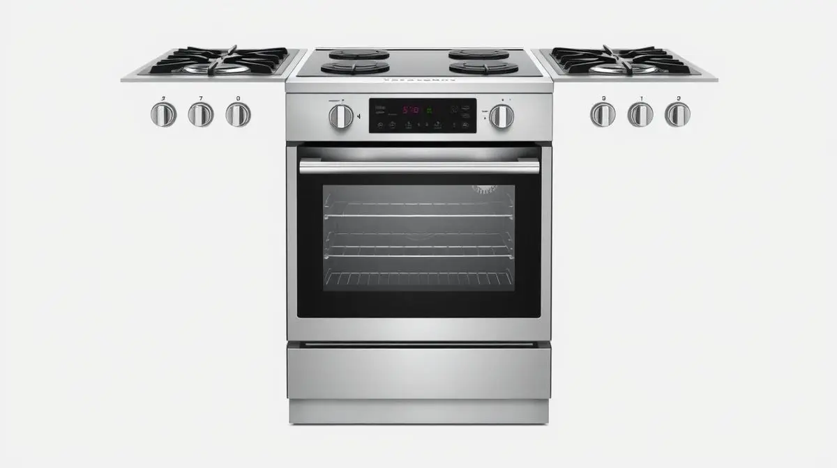 Fotografia profissional de um moderno fogão de embutir de 5 bocas, ilustrando os melhores modelos do mercado para cozinhas planejadas.
