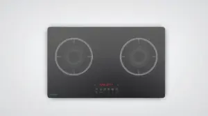 Fotografia profissional de um cooktop de indução de 2 bocas, moderno e elegante, representando os melhores modelos para cozinhas compactas.