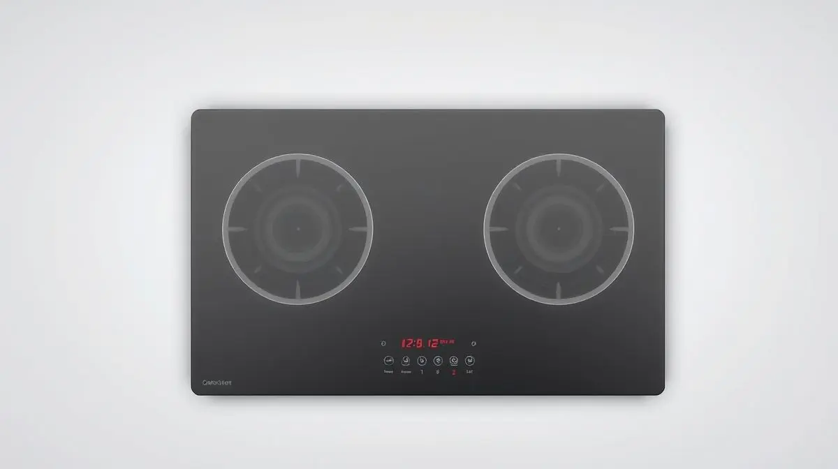 Fotografia profissional de um cooktop de indução de 2 bocas, moderno e elegante, representando os melhores modelos para cozinhas compactas.