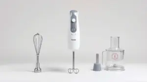 Fotografia profissional de um mixer de mão 3 em 1, elegante e sem marca, com seus acessórios, representando os melhores modelos para a sua cozinha.