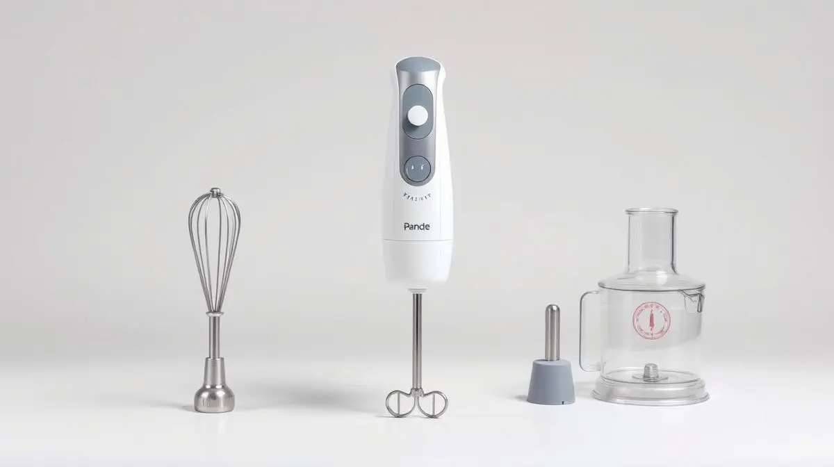 Fotografia profissional de um mixer de mão 3 em 1, elegante e sem marca, com seus acessórios, representando os melhores modelos para a sua cozinha.