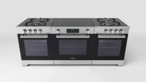 Fotografia profissional de um fogão de 5 bocas moderno com mesa de vidro, representando os melhores modelos do mercado.