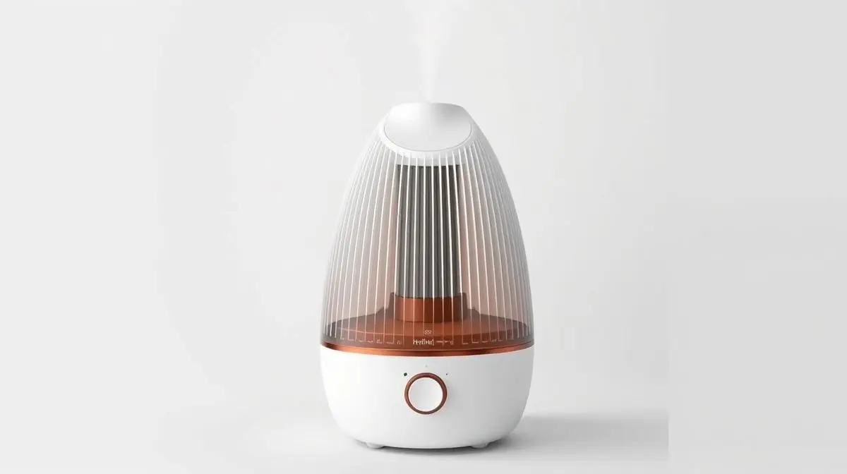 Fotografia profissional de um umidificador de ar moderno e sem marcas, representando os melhores modelos para melhorar a qualidade do ar em casa.
