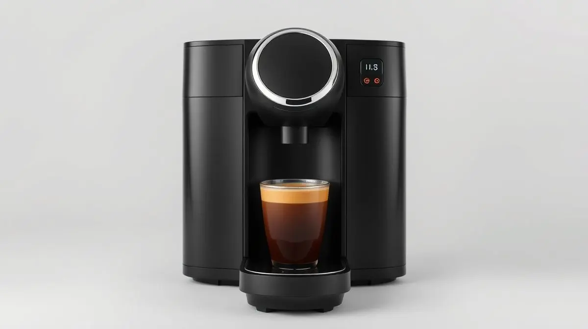 Fotografia profissional de uma cafeteira de cápsula moderna e sem marca, representando os melhores modelos do mercado.