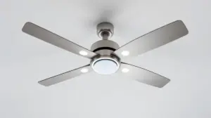 Fotografia profissional de um ventilador de teto moderno e silencioso, destacando os melhores modelos do mercado para comprar.