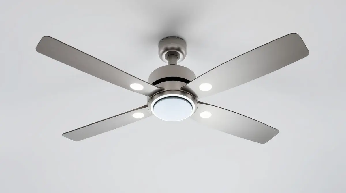Fotografia profissional de um ventilador de teto moderno e silencioso, destacando os melhores modelos do mercado para comprar.