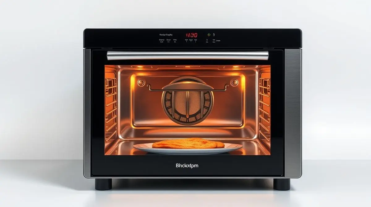 Fotografia profissional de um forno elétrico de bancada moderno, representando os melhores modelos para cozinhas.