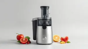 Fotografia profissional de um espremedor de frutas elétrico e moderno, simbolizando os melhores modelos disponíveis no mercado para comprar.