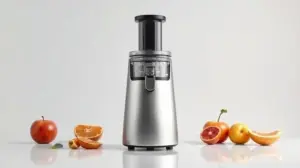 Fotografia profissional de um espremedor de frutas elétrico moderno, representando os melhores modelos para sucos frescos e saudáveis.