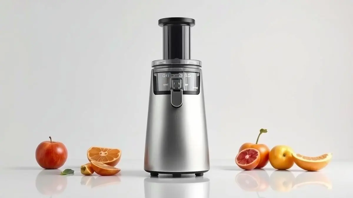 Fotografia profissional de um espremedor de frutas elétrico moderno, representando os melhores modelos para sucos frescos e saudáveis.