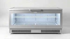 Fotografia profissional de um freezer horizontal branco e moderno, representando os melhores modelos para comprar.
