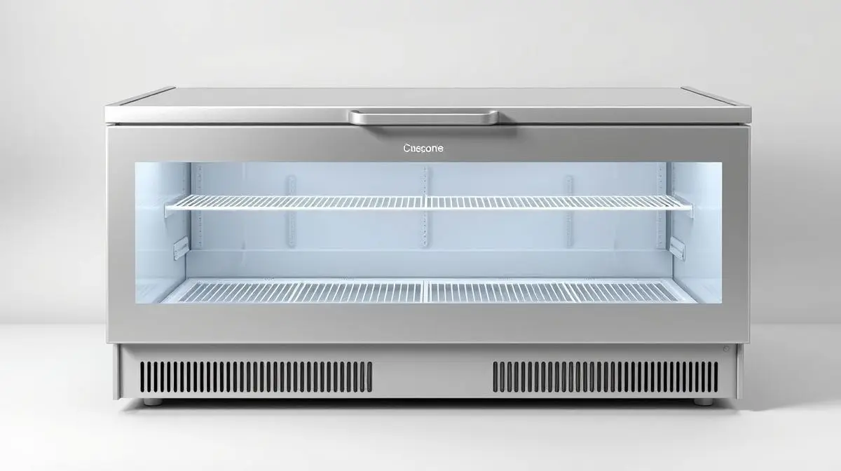 Fotografia profissional de um freezer horizontal branco e moderno, representando os melhores modelos para comprar.