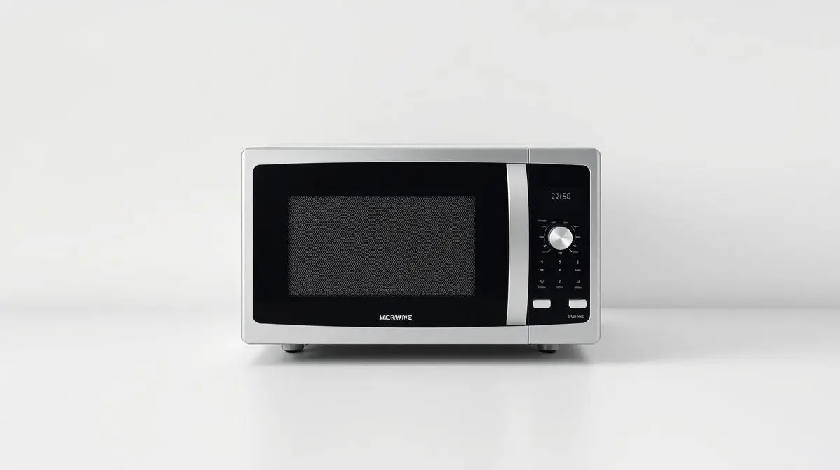 Fotografia profissional de um micro-ondas moderno e sem marca, representando os melhores modelos para uma cozinha completa e eficiente.