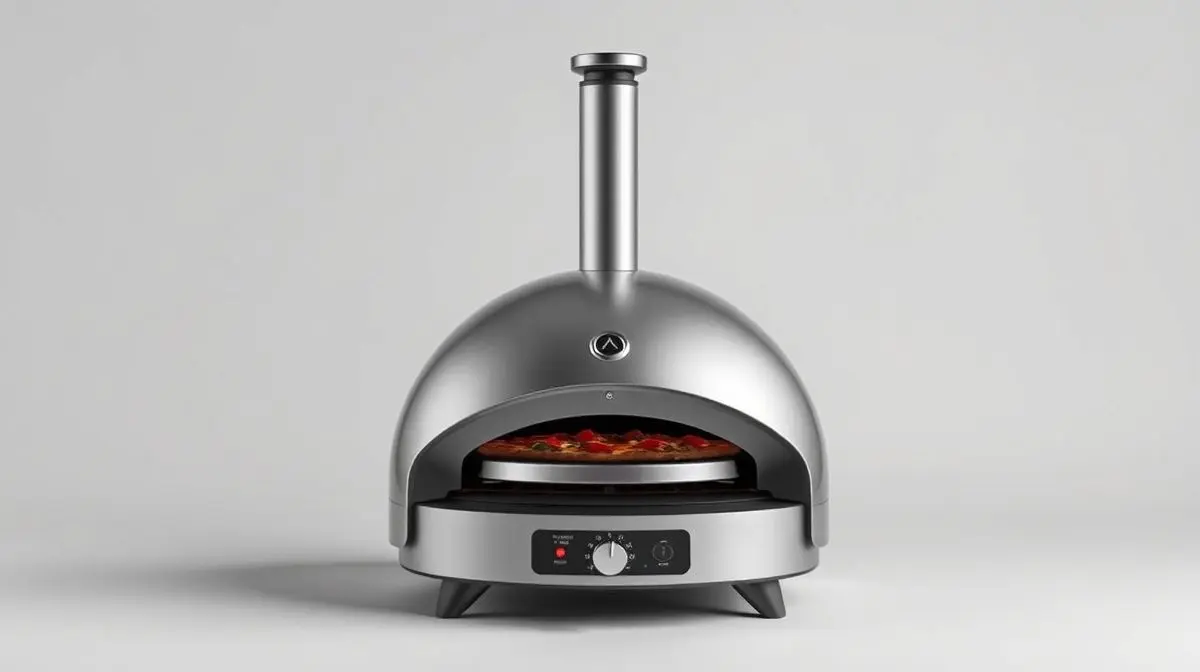 Fotografia profissional de um forno de pizza moderno e sem marca, simbolizando os melhores modelos para comprar e usar em casa.