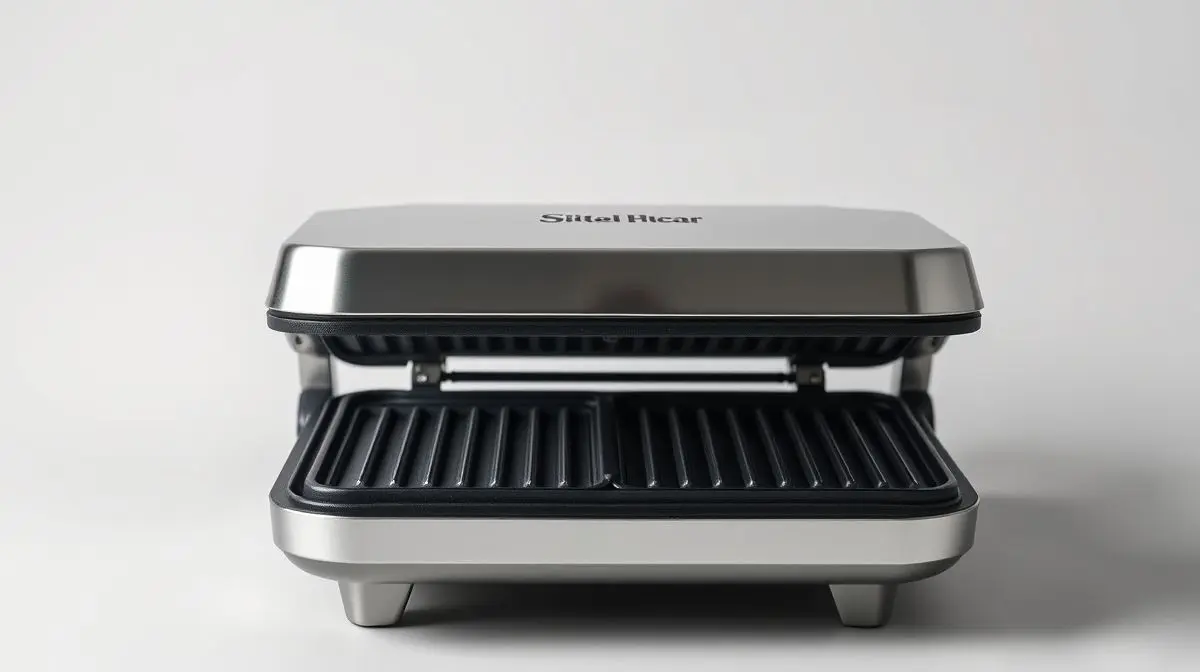 Fotografia profissional de uma sanduicheira grill moderna e elegante, representando os melhores modelos do mercado.