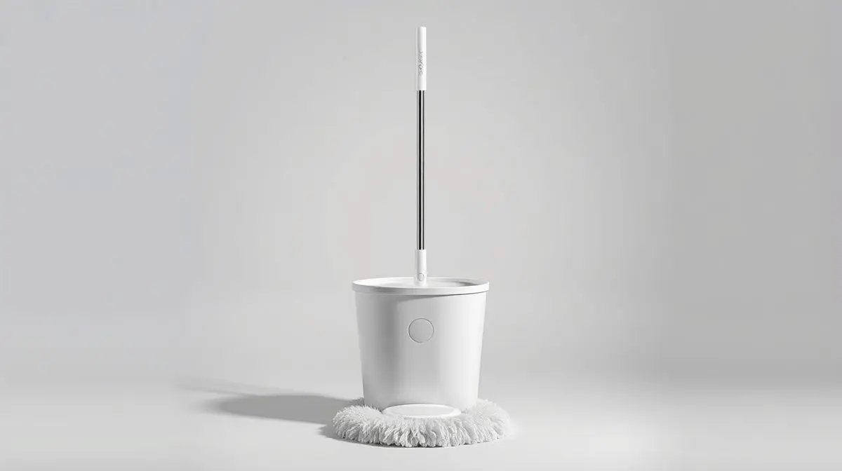 Fotografia profissional de um mop giratório moderno com balde, representando os melhores mops do mercado para uma limpeza impecável.
