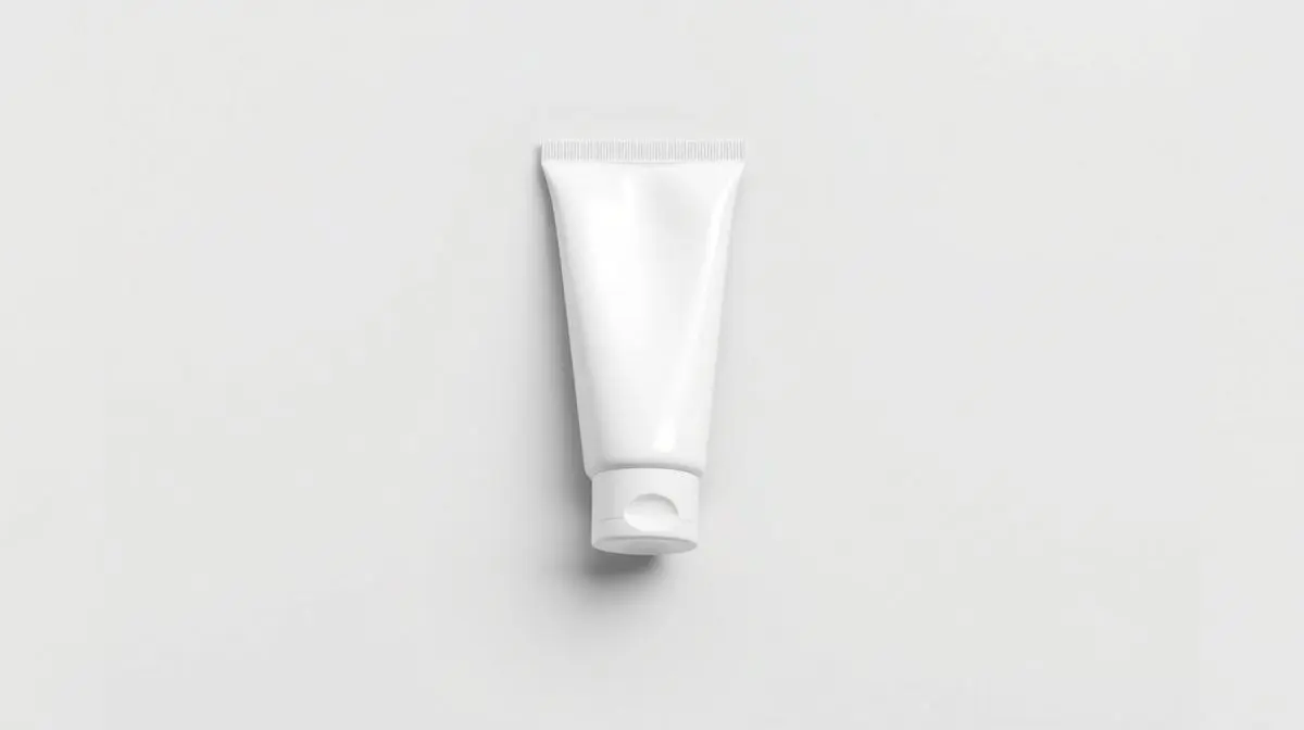 Fotografia profissional de um tubo de creme dental moderno sem marca, representando as melhores pastas de dente para comprar.