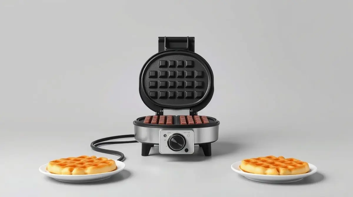 Fotografia profissional de uma máquina de waffle moderna e elegante, representando os melhores modelos do mercado.