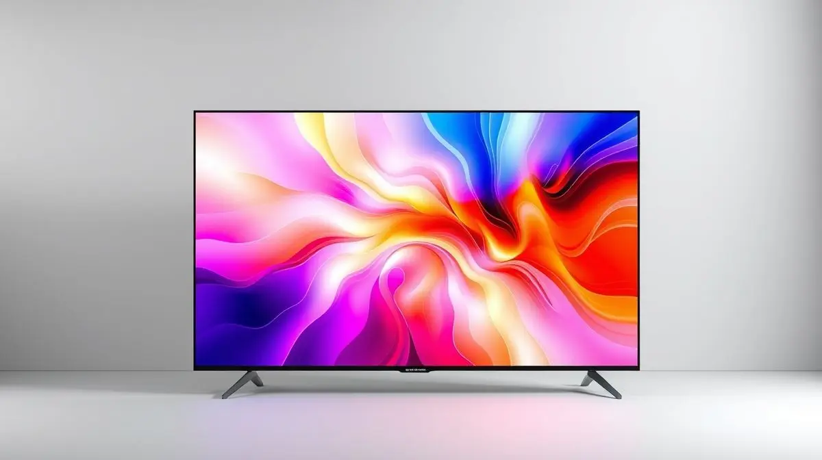 Fotografia profissional de uma TV de 55 polegadas moderna e sem marca, com tela vibrante, representando os melhores modelos do mercado.