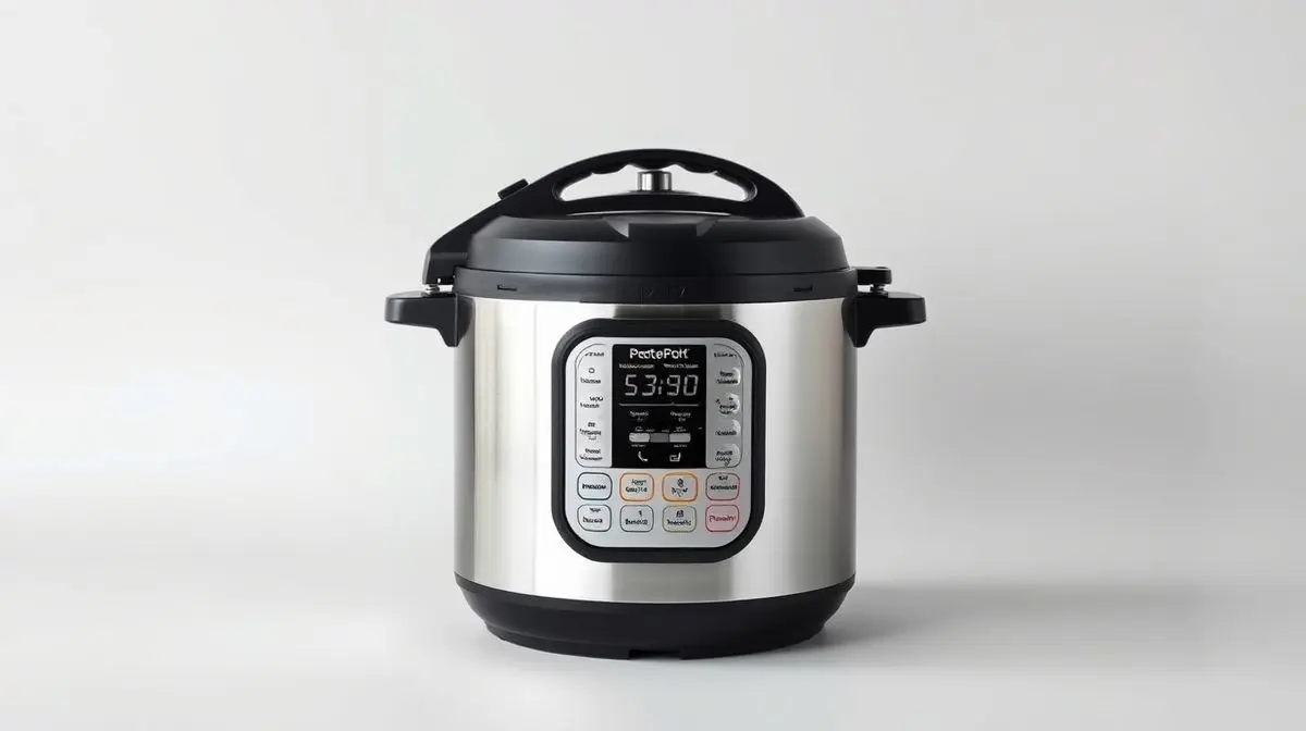 Fotografia profissional de uma panela de pressão moderna de aço inox, representando as melhores panelas de pressão do mercado.