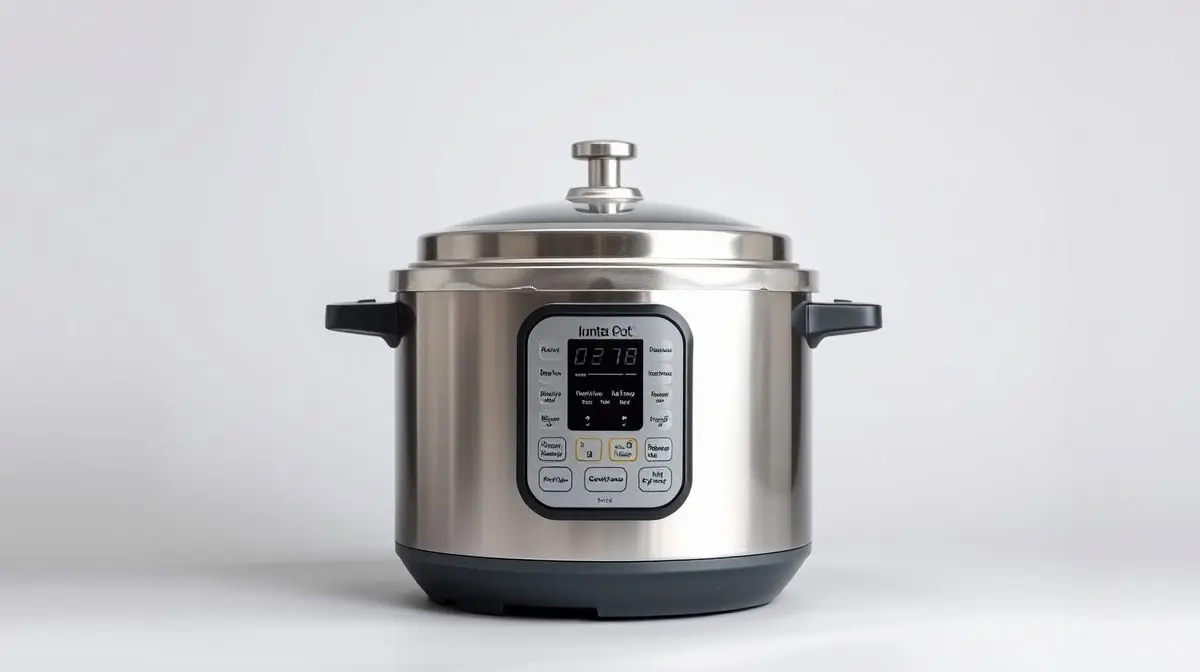 Panela de pressão moderna em destaque, ilustrando o artigo sobre as melhores carnes para cozinhar na pressão.